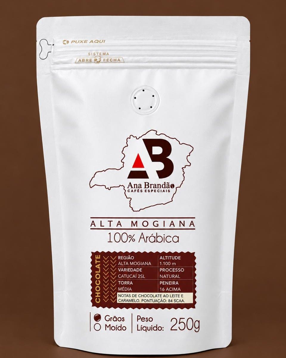 Pacote de 250 g do Café Chocolate Ana Brandão, 100% Arábica da Alta Mogiana
