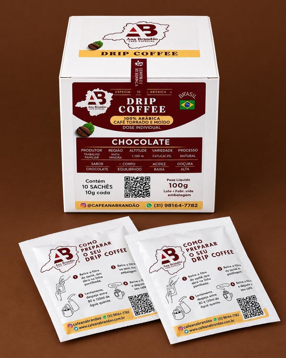 Caixa de Drip Coffee Chocolate com 10 sachês e dois sachês com o modo de preparo